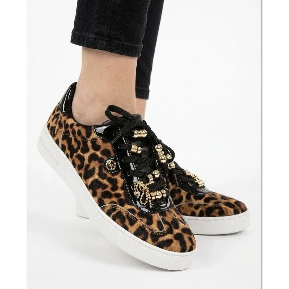 Michael Kors Scotty Cheetah Print Hair Calf Charm Hardware Lace Up Sneakers